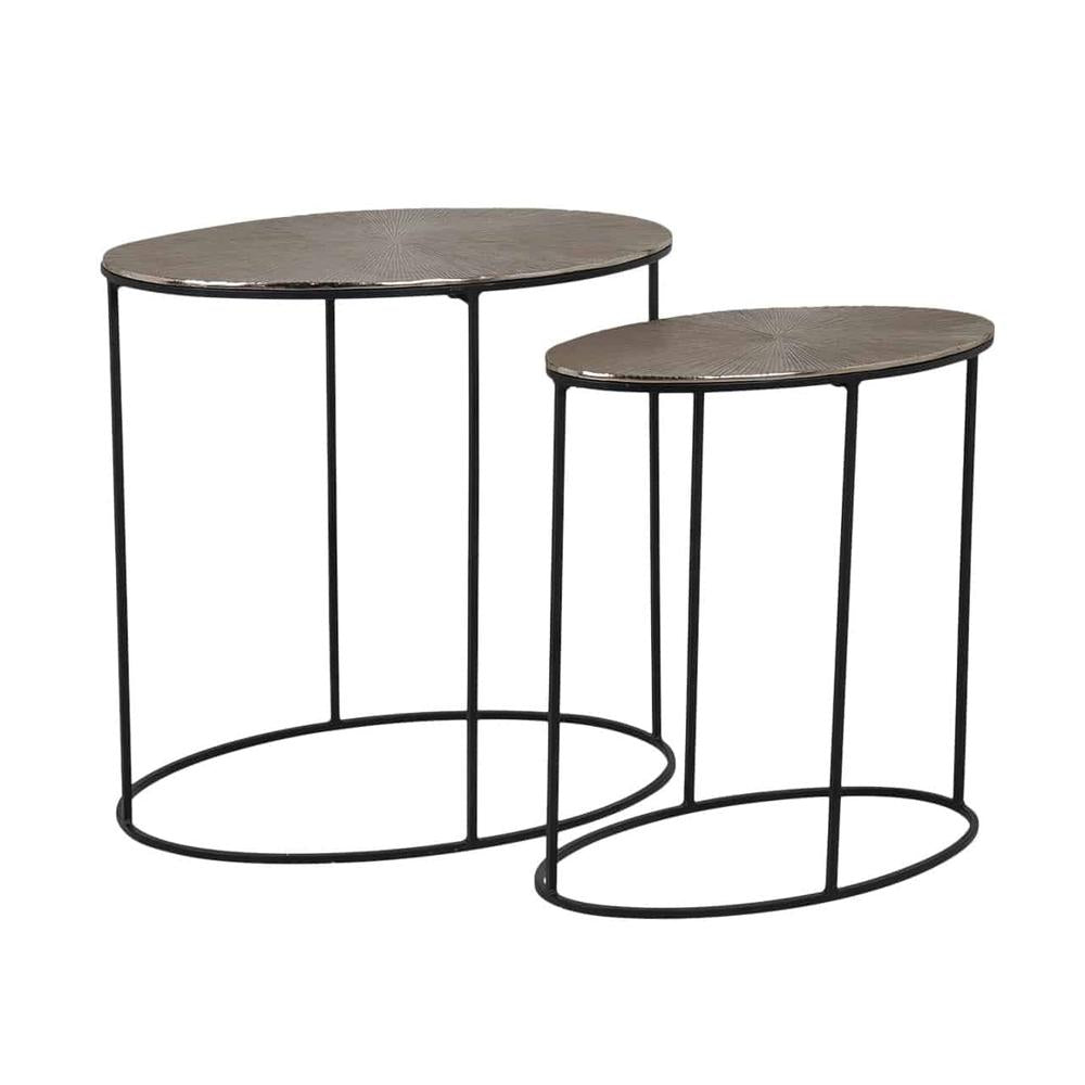 Set of two Kensington Oval Nesting Tables with metallic silver, textured oval tops and sleek black metal bases.