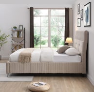 Lara designer bed frame complete in neutral velvet. Reduced price-Renaissance Design Studio