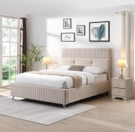 Lara designer bed frame complete in neutral velvet. Reduced price-Renaissance Design Studio