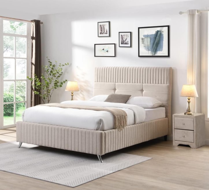 Lara designer bed frame complete  in neutral velvet. Reduced price