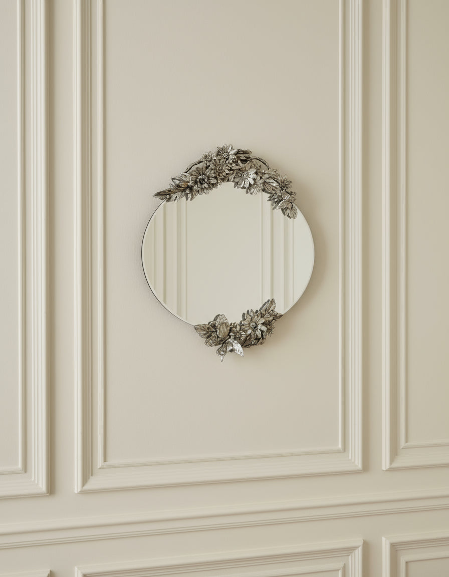 Large Antiqued Oval Frameless Mirror With Double Butterfly Detail 48x60cm-Renaissance Design Studio