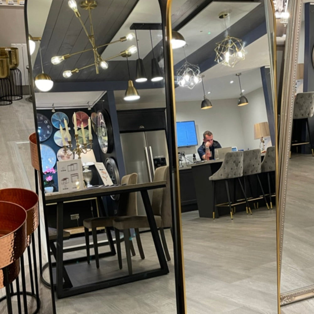 Large Karl arch top Dressing Mirror on stand in gold or black special purchase Click N Collect