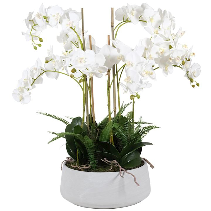Large stone pot filled with orchids and ferns discontinued-Renaissance Design Studio