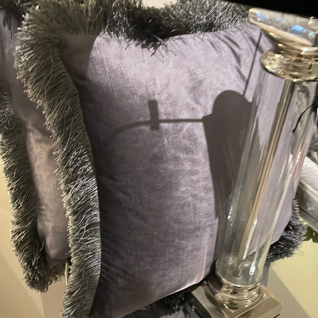 Lexi grey black cushion with fringe reduced-Chair & Sofa Cushions-Renaissance Design Studio