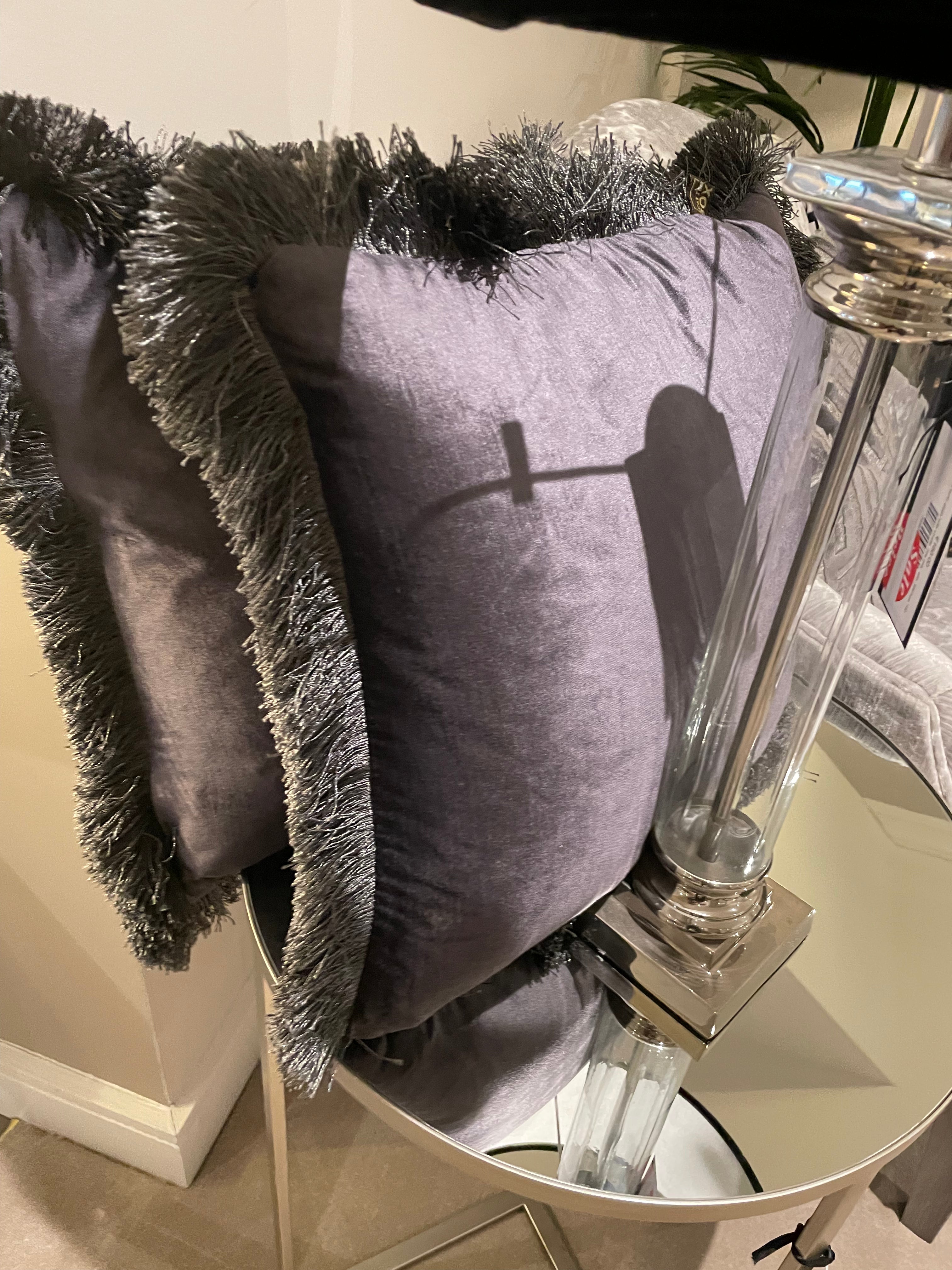 Lexi grey black cushion with fringe reduced-Chair & Sofa Cushions-Renaissance Design Studio