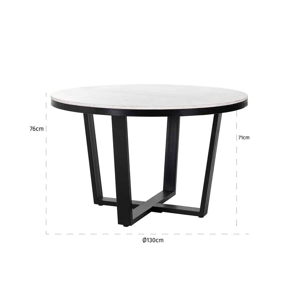 Lexi 130cm round white Carrara marble dining table with black iron base.