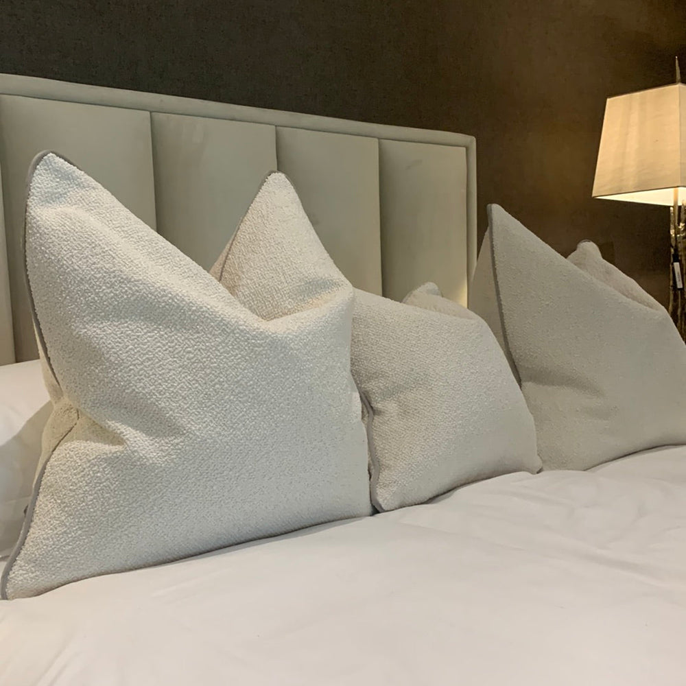 Leyla Boucle feather filled Cushion in 3 Sizes Taupe piping
