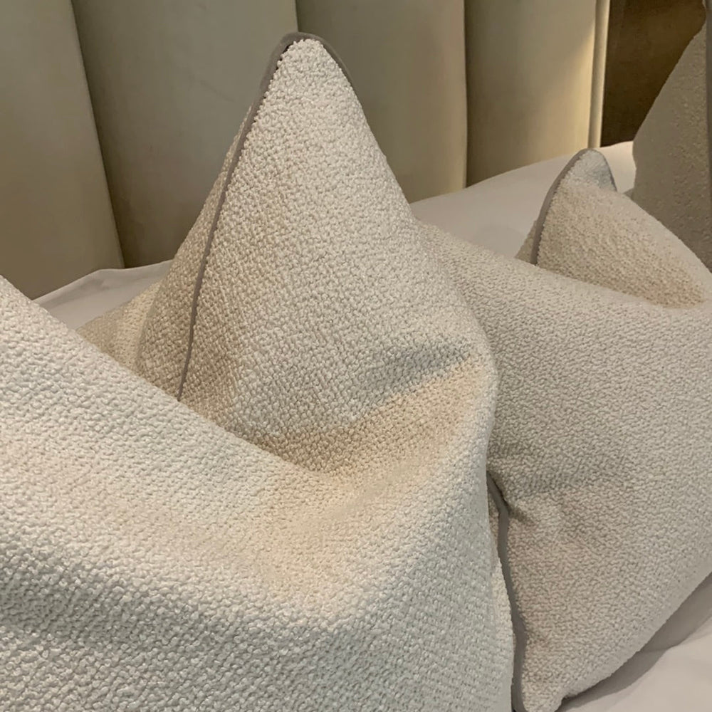 Leyla Boucle feather filled Cushion in 3 Sizes Taupe piping