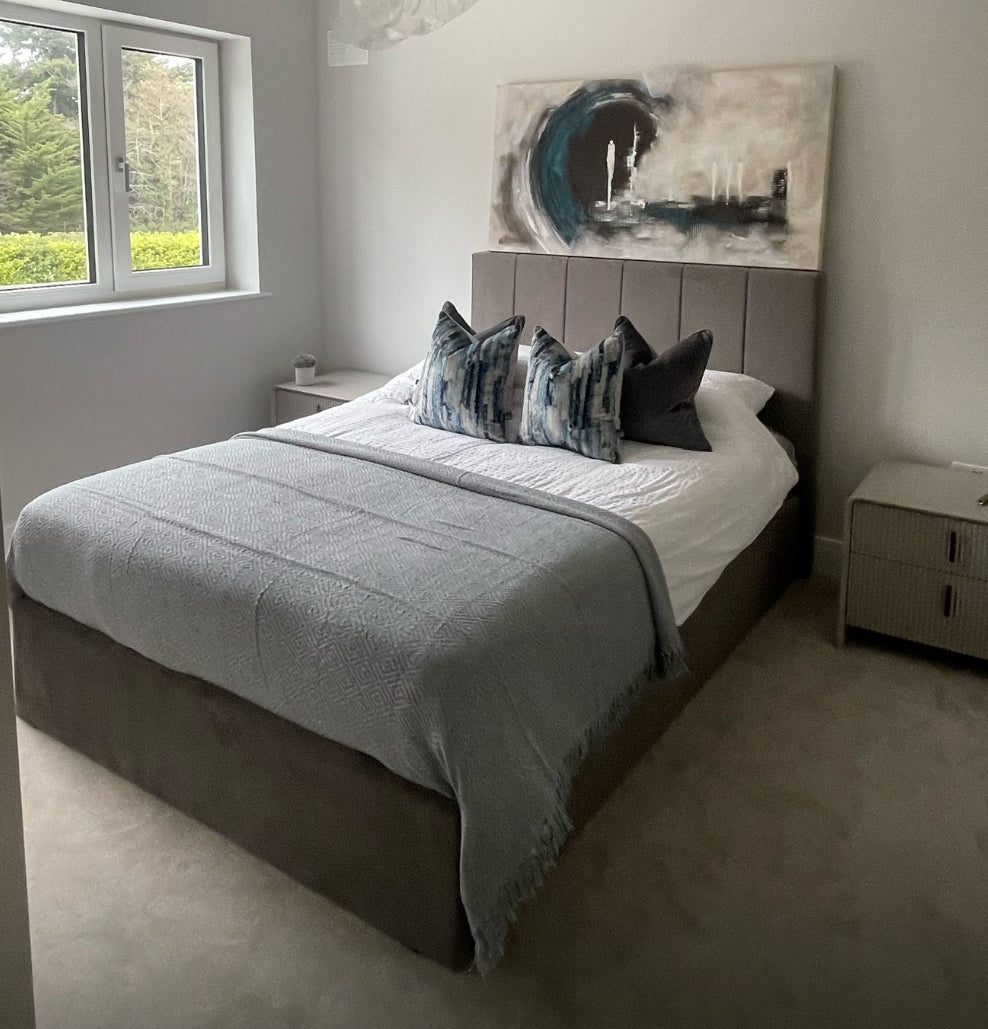 Lily Upholstered grey bed in sizes and colours great for rentals-Renaissance Design Studio