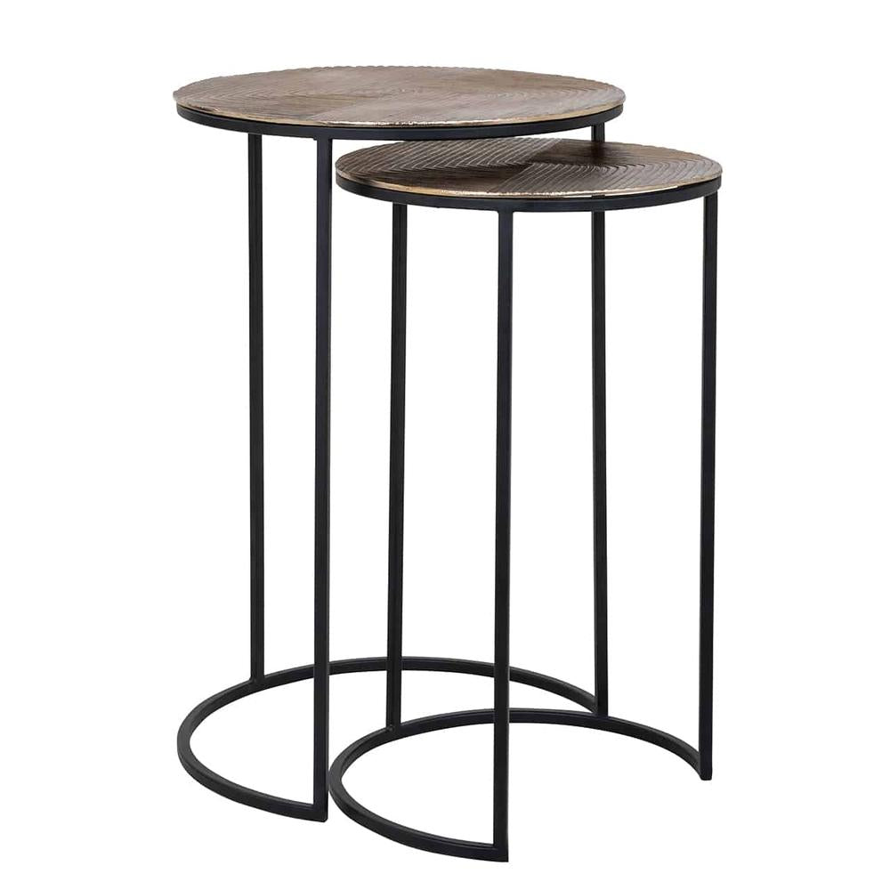 Gold Lohan set of 2 round side tables with textured aluminium tops and black iron frames.