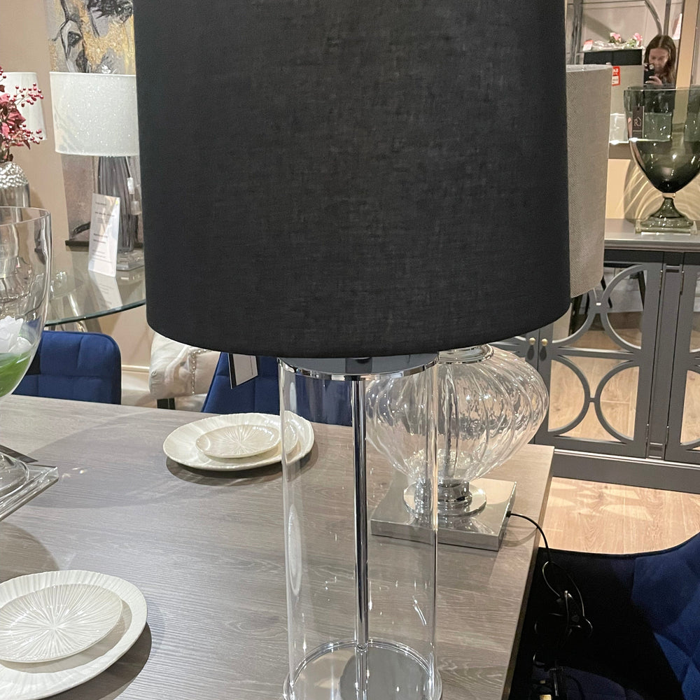 Ludo designer lamp with cylinder clear  base and black shade