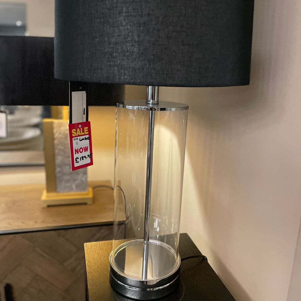 Ludo designer lamp with cylinder clear  base and black shade