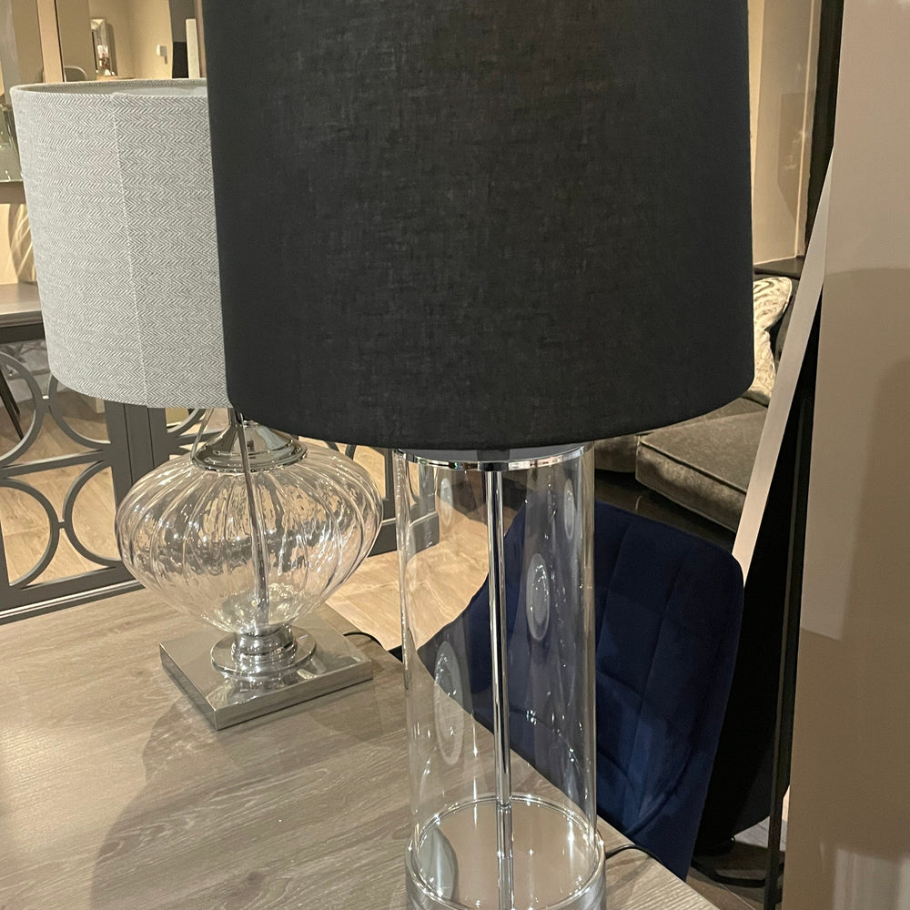 Ludo designer lamp with cylinder clear  base and black shade