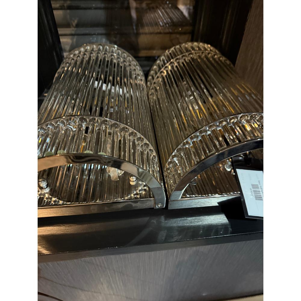 Two Macy Art Deco wall lights with ribbed glass shades and nickel bases.