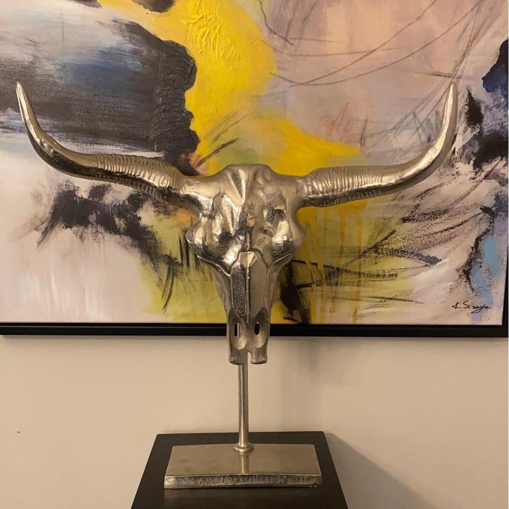 Manhattan Silver Bull skull on black stand-Renaissance Design Studio