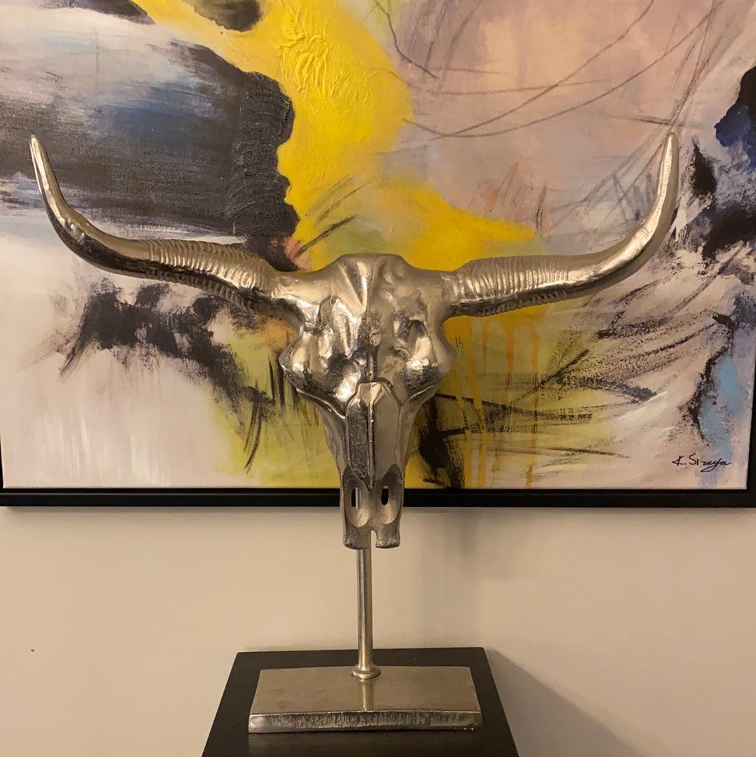 Manhattan Silver Bull skull on black stand-Renaissance Design Studio