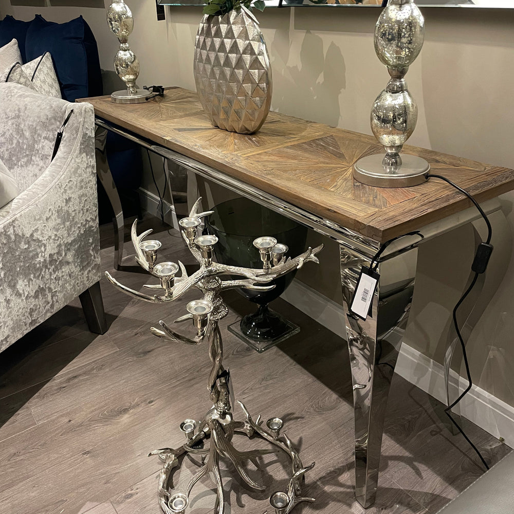 Mayfair reclaimed elm herringbone and stainless console table one only ! REDUCED