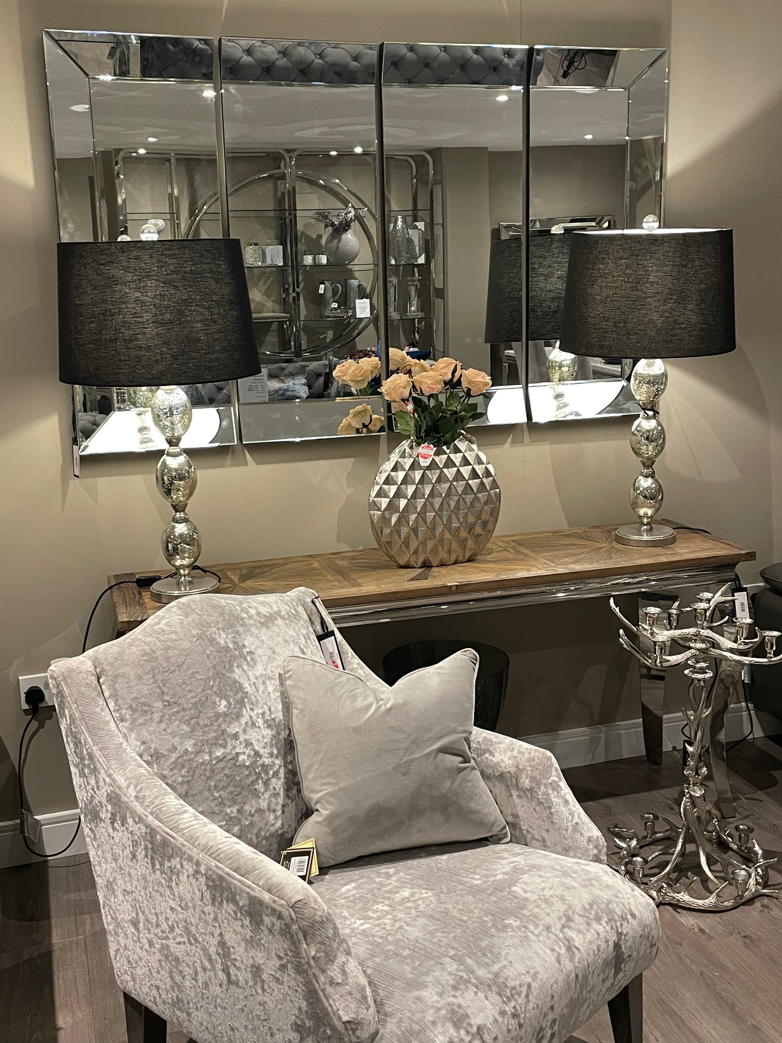 Mayfair reclaimed elm herringbone and stainless console table one only ! REDUCED out of box view Instore-Renaissance Design Studio
