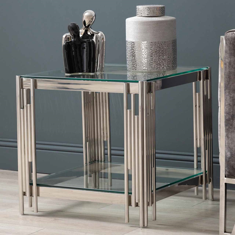 Medina Cohen chrome Side Table with Clear glass Shelf reduced ( assembly extra) NETT-Renaissance Design Studio