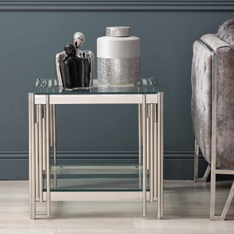 Medina Cohen chrome Side Table with Clear glass Shelf reduced ( assembly extra) NETT-Renaissance Design Studio