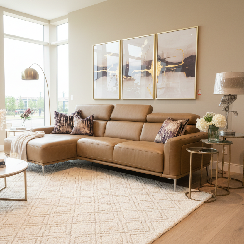 Mezanna Tan leather chaise corner sofa less than half price! One only sold as seen