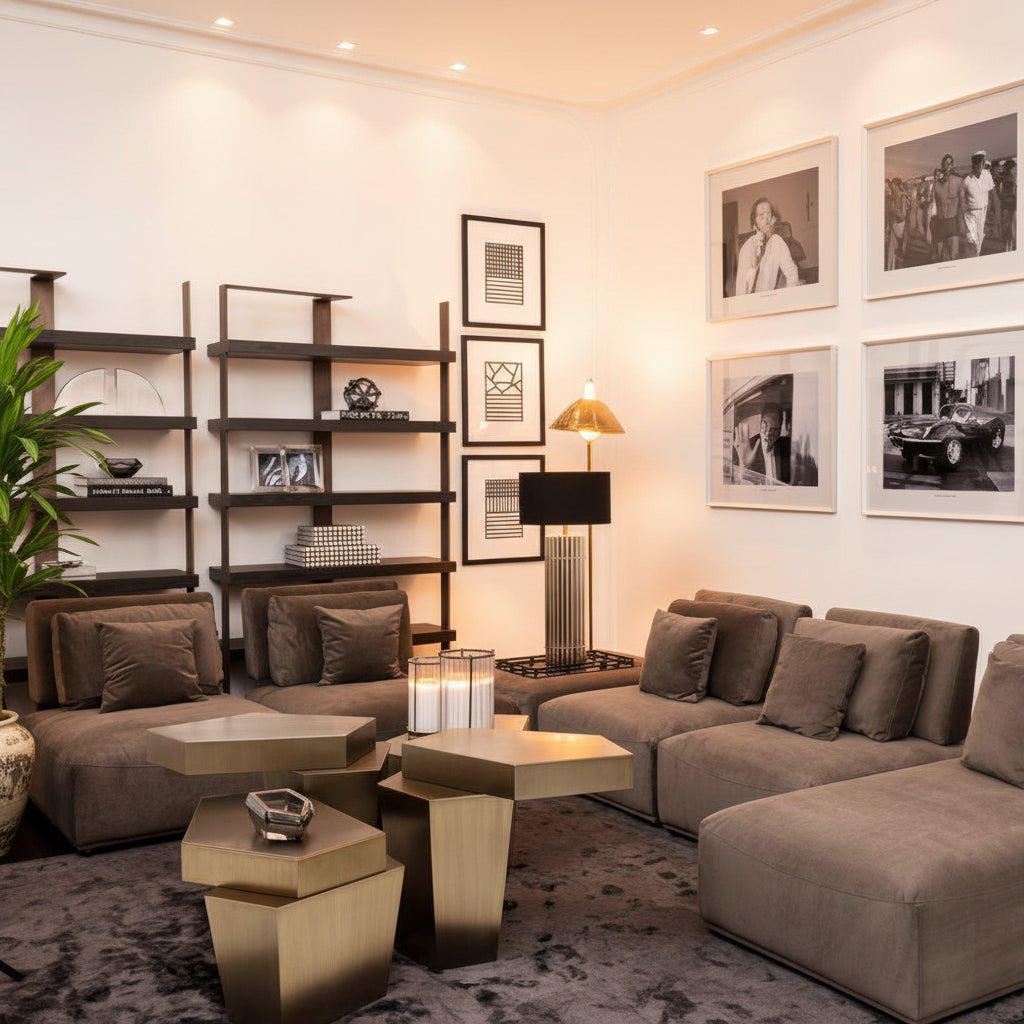 Mondial Modular Sofa in Granite Grey polyester with chaise, modern design, and brass geometric coffee tables.