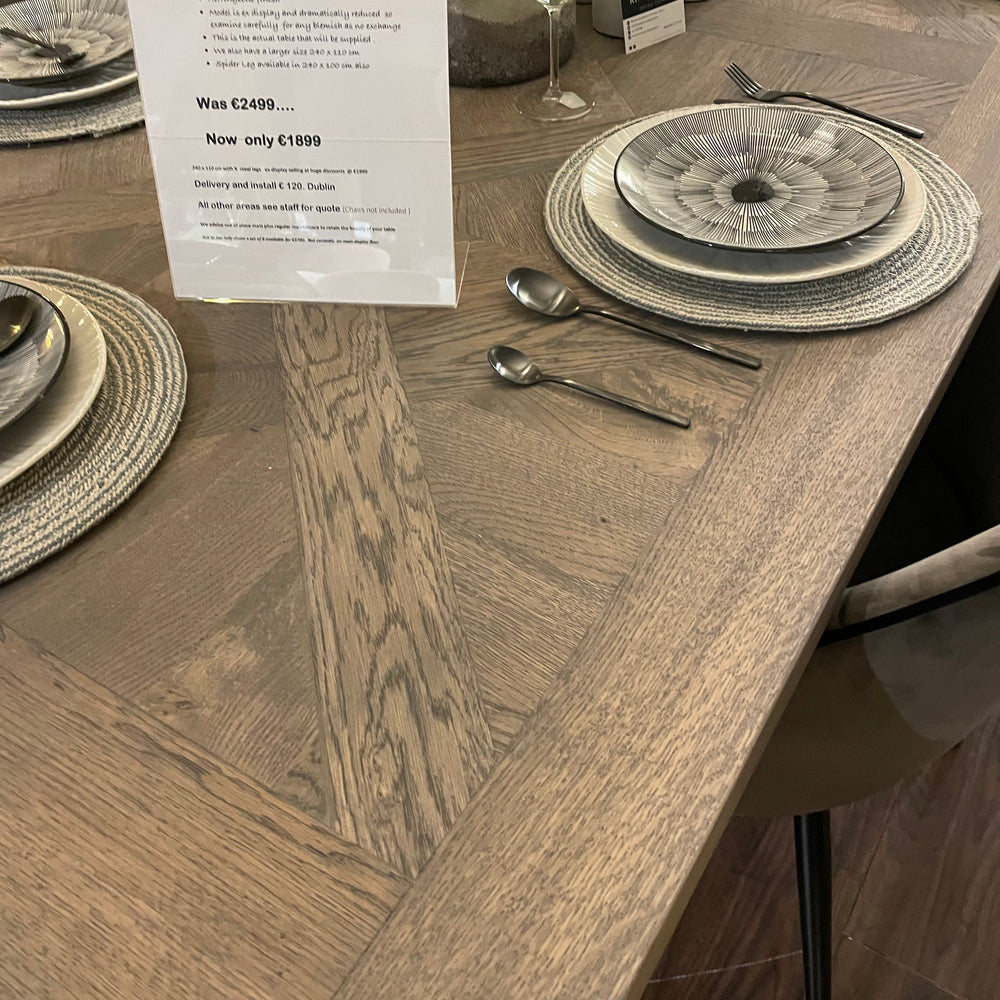 Montmarte  X Large  and wide herringbone oak  6 cm semi solid dining table REDUCED clearance almost half price