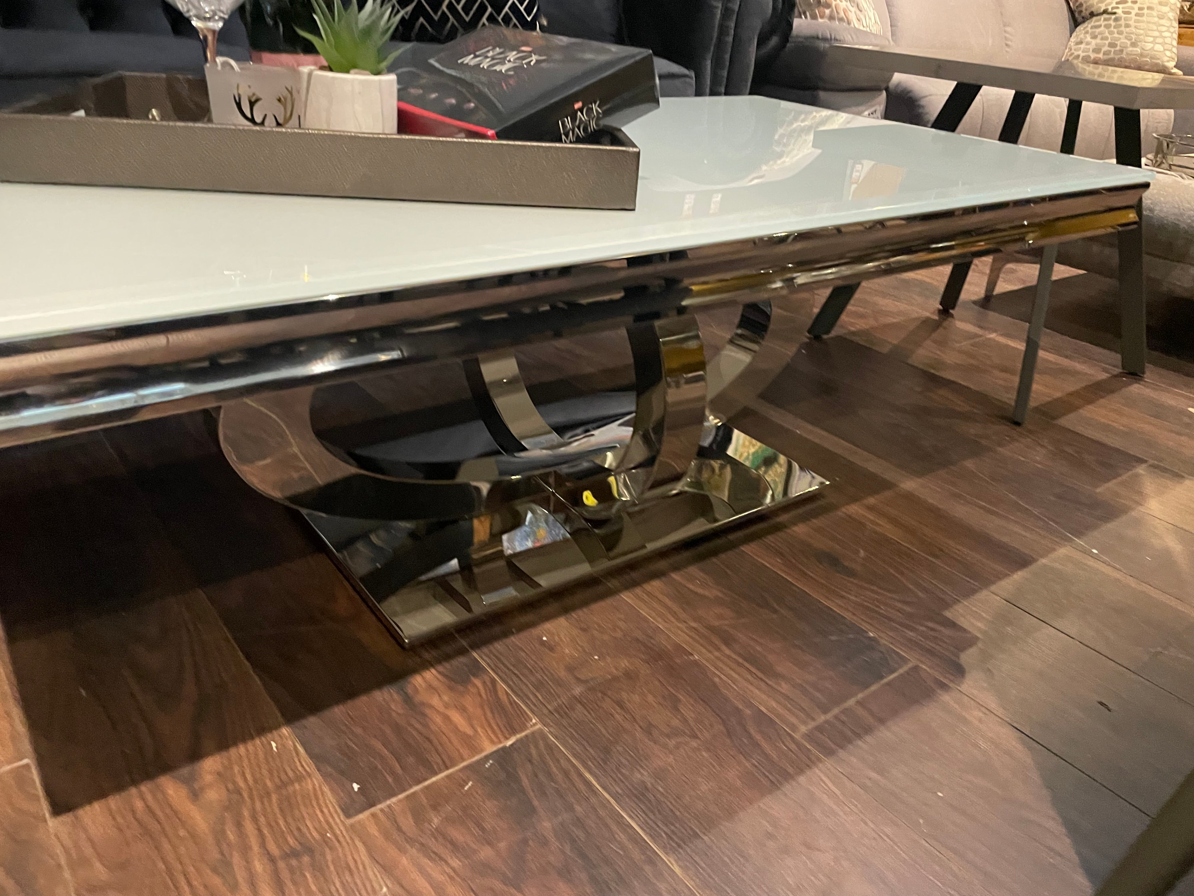 Orion white coffee table with fabulous chrome base clearance reduced Instore only-Renaissance Design Studio