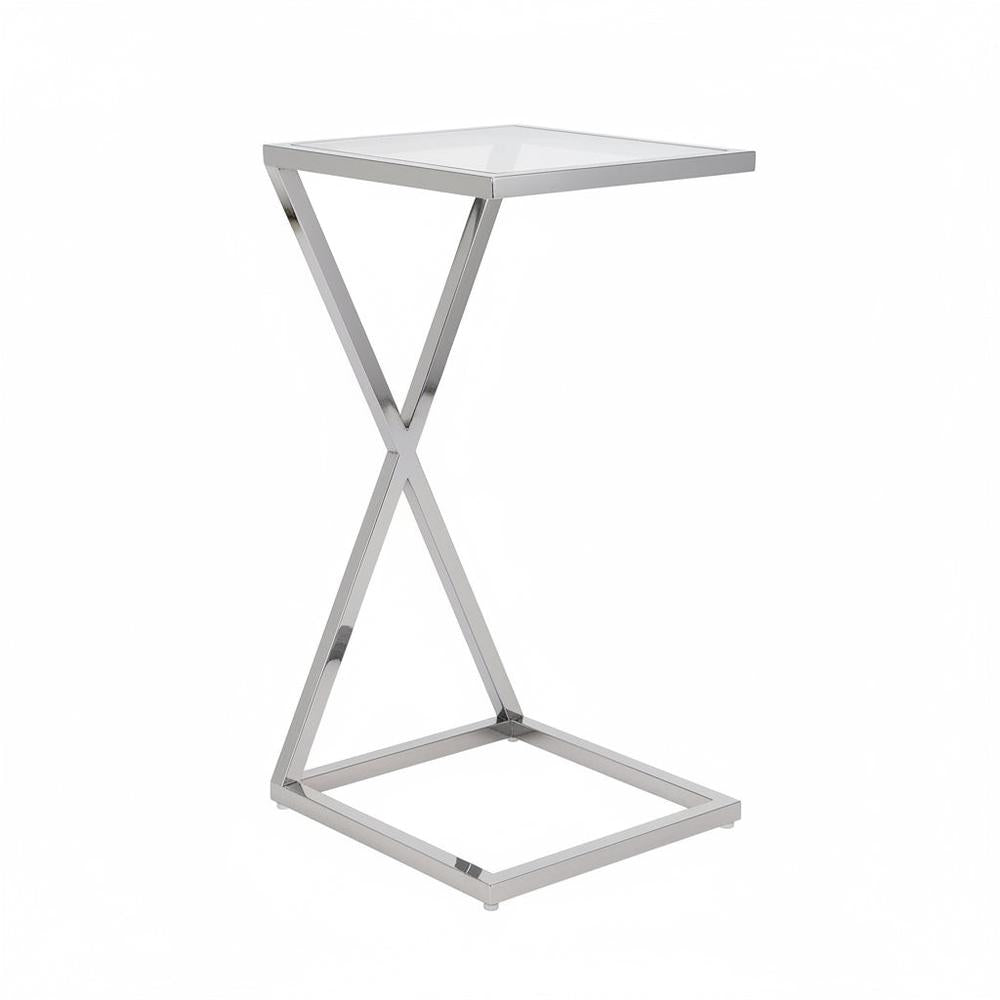 Modern Paradise Chrome Sofa table with a square glass top and unique X-shaped chrome base.