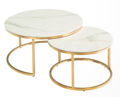 Prima nest of 2 coffee tables in gold and cream marble look-coffee table set-Renaissance Design Studio
