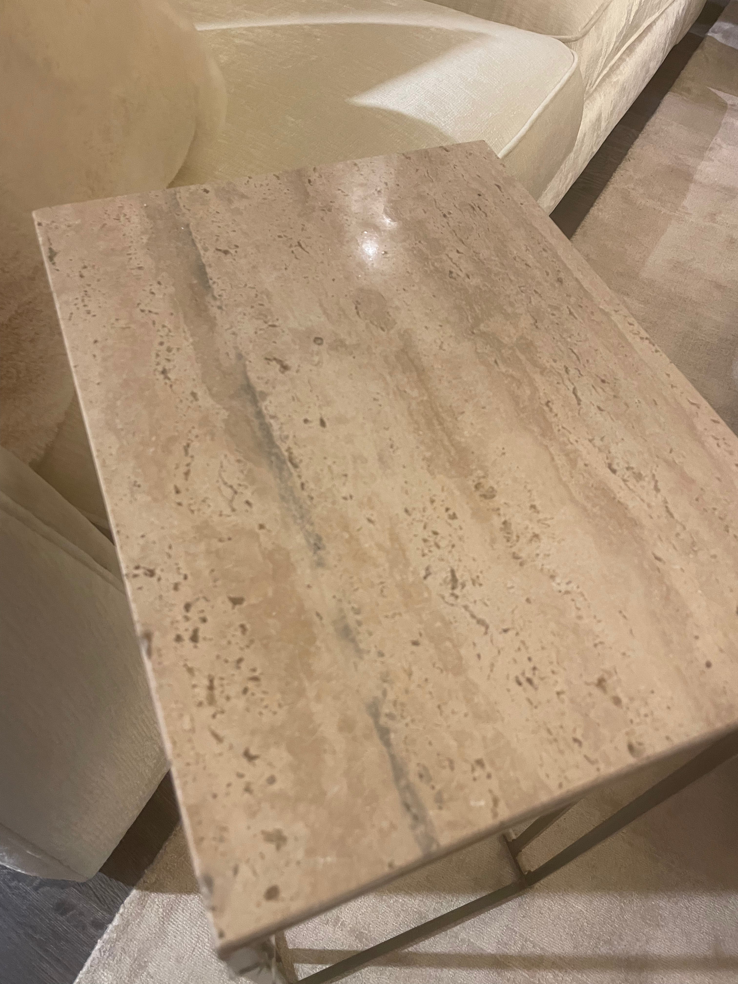 Roisin Sofa side table with travertine top on antiqued bronze base-sofa table-Renaissance Design Studio