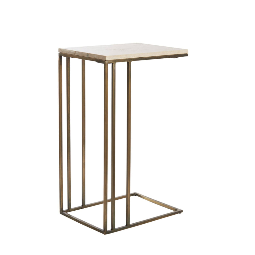 Roisin  Sofa  side table with travertine top on antiqued bronze  base