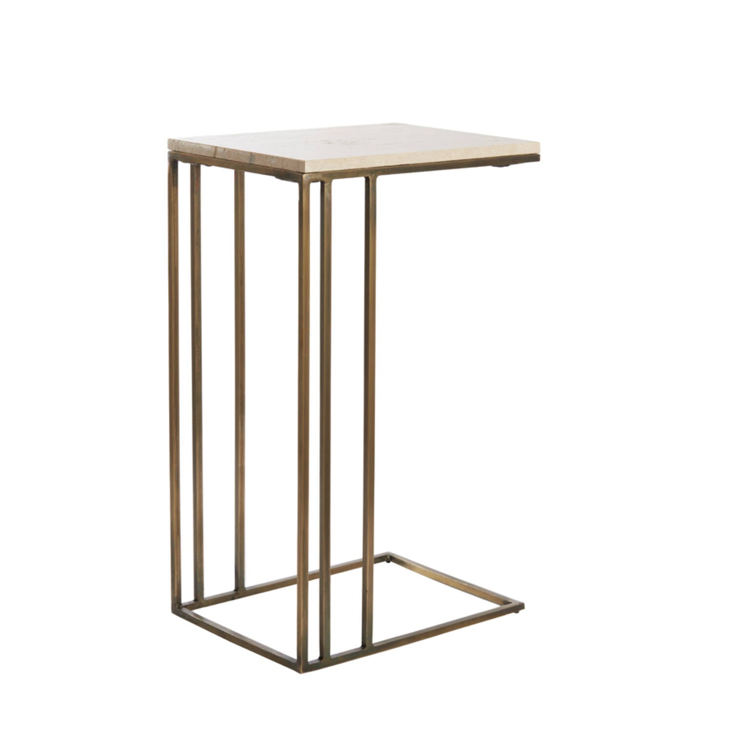 Roisin Sofa side table with travertine top on antiqued bronze base-Renaissance Design Studio