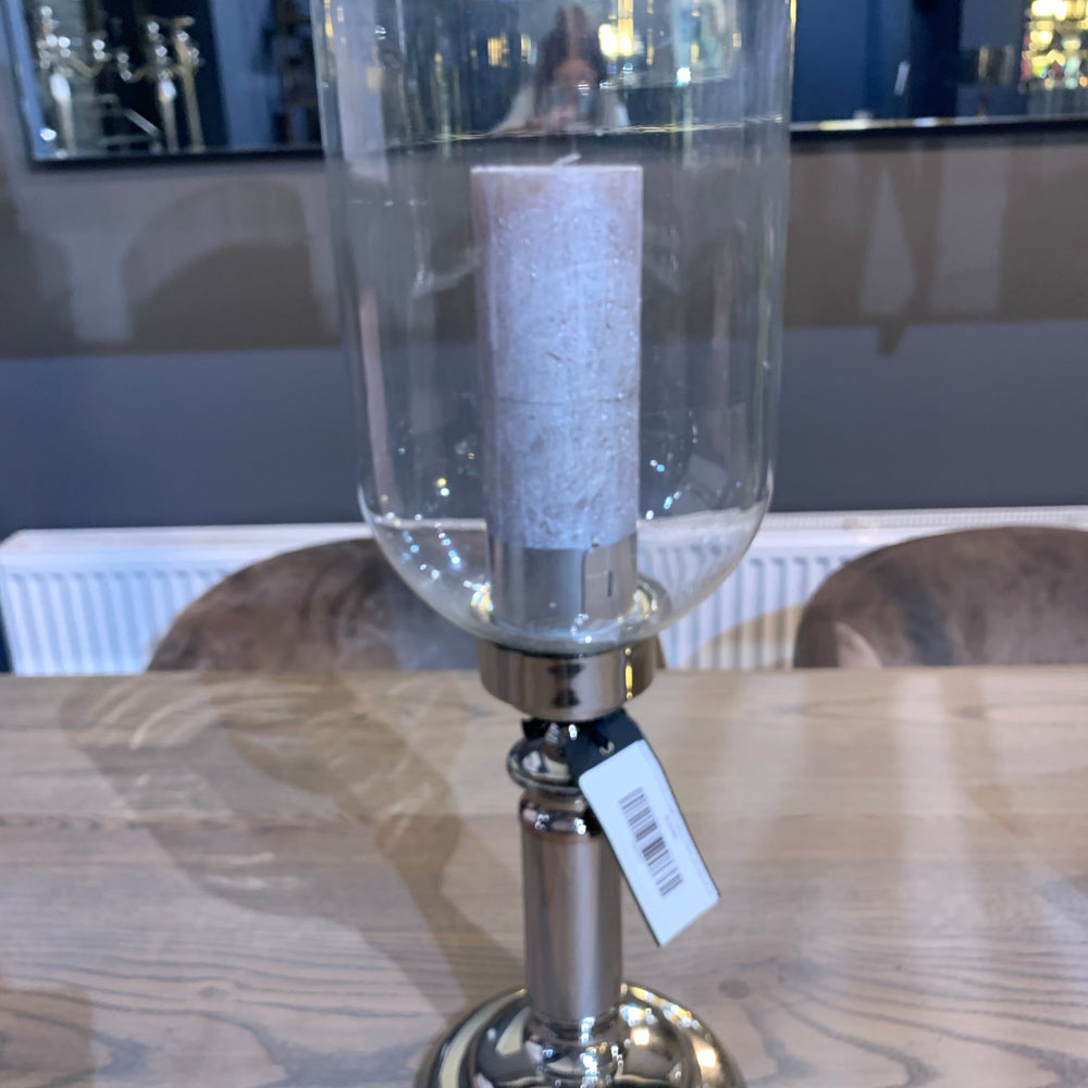 Rushford glass and nickel tall stemmed hurricane candle holder
