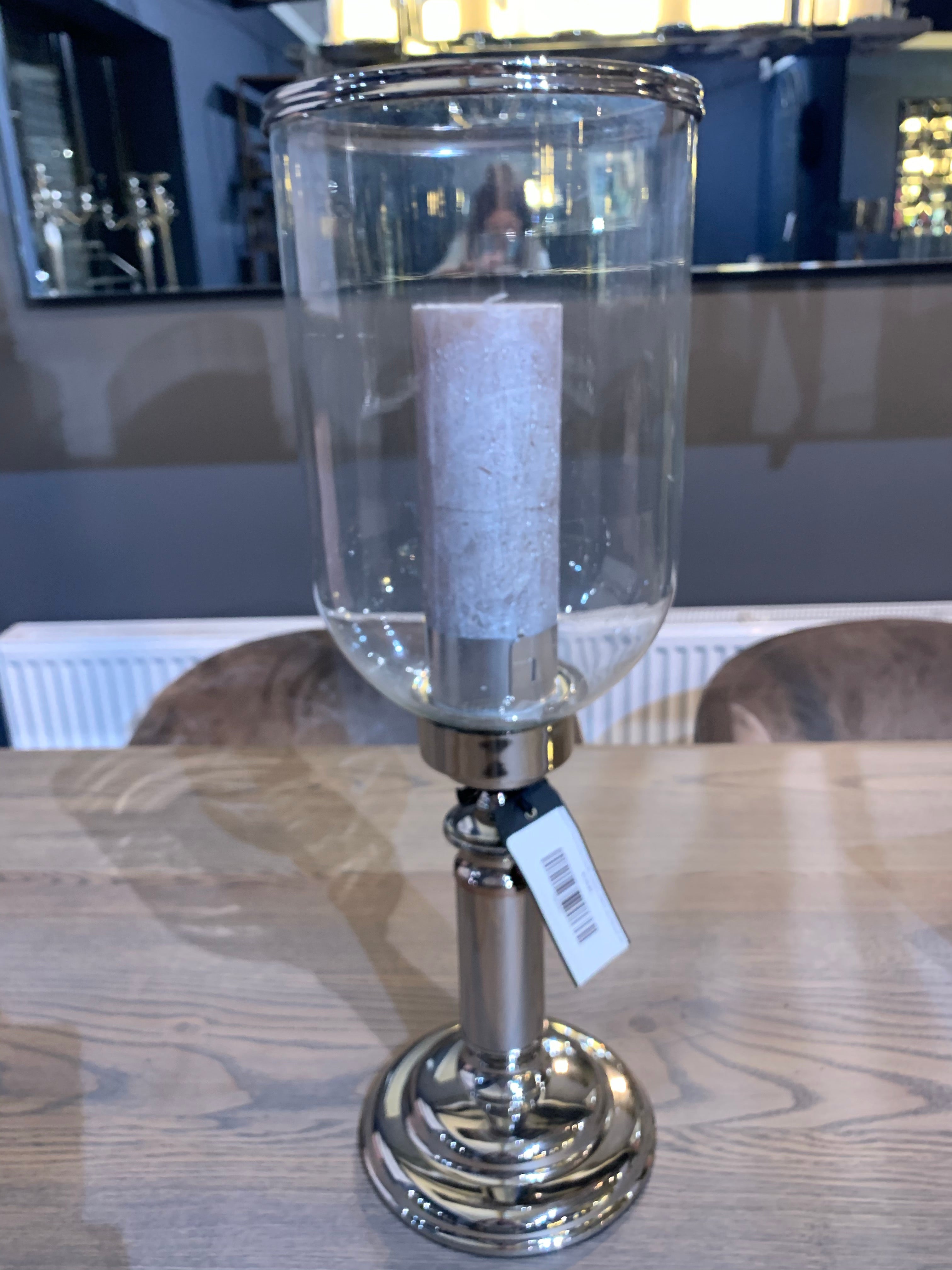 Rushford glass and nickel tall stemmed hurricane candle holder-Renaissance Design Studio