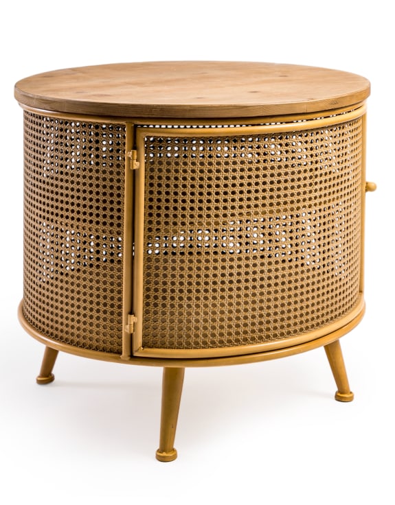 RUSTIC METAL RATTAN AND WOOD ROUND CABINET-Renaissance Design Studio