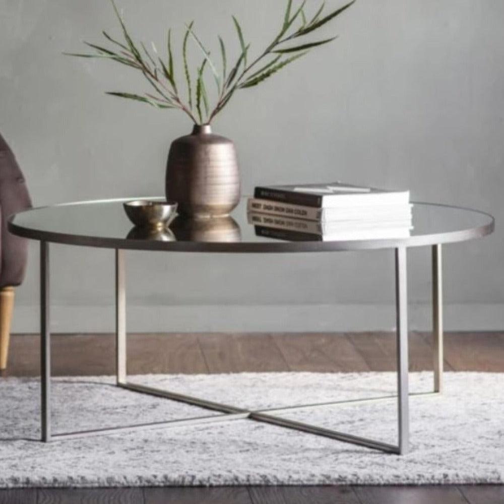 Sahara Torrence Mirrored round contemporary Coffee Table reduced-Renaissance Design Studio