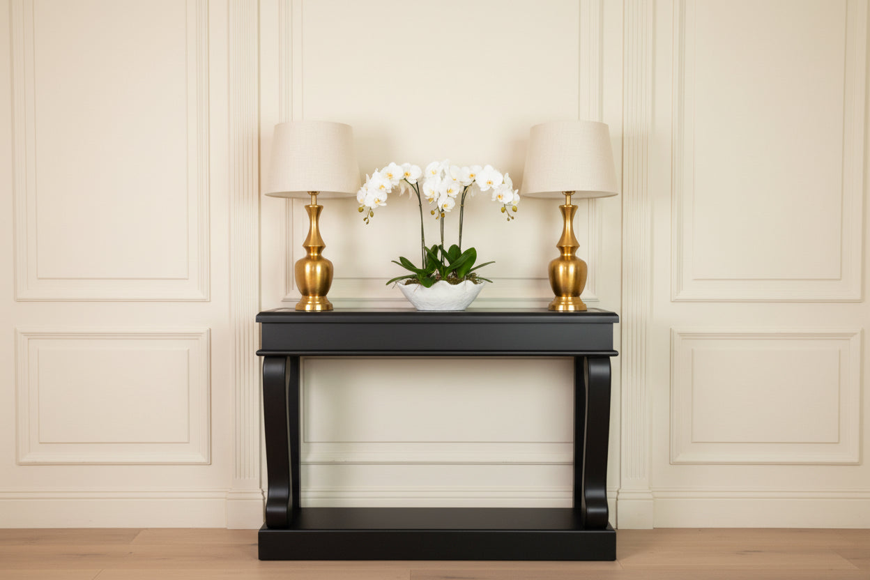 Samuel Savoy Scroll Black Console 120cm with antique glass mirror-Renaissance Design Studio
