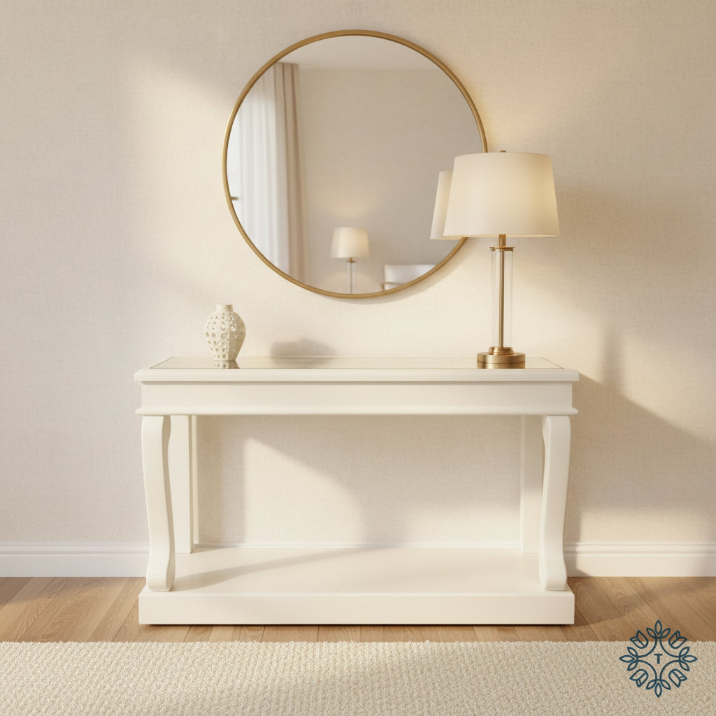 Samuel Savoy Scroll Console Table with Antiqued Mirror Top 140 cm-Renaissance Design Studio