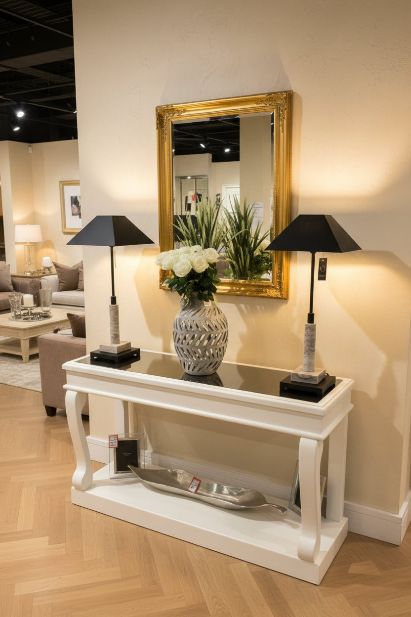 Samuel Savoy Scroll Console Table with Antiqued Mirror Top 140 cm-Renaissance Design Studio