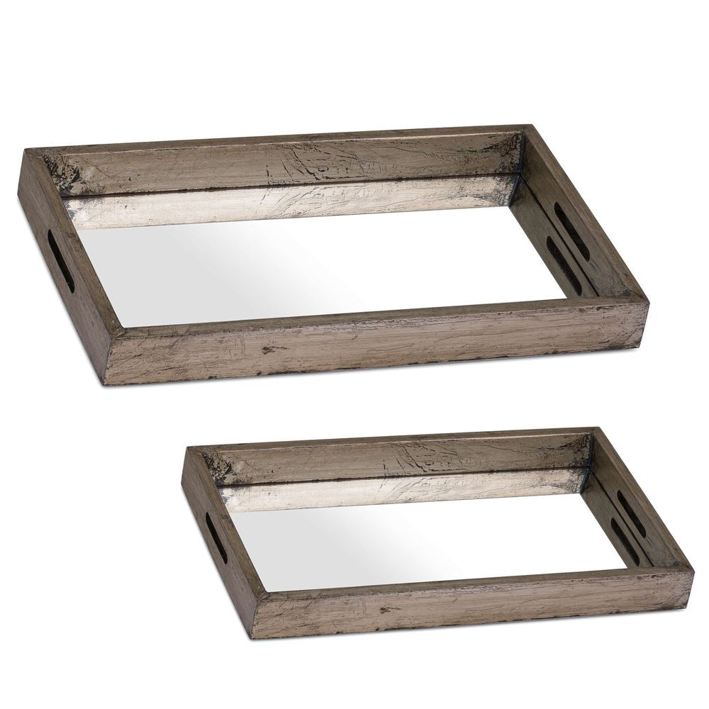 SET OF 2 Andrea Mirrored Trays with antiqued gold trim reduced-Renaissance Design Studio