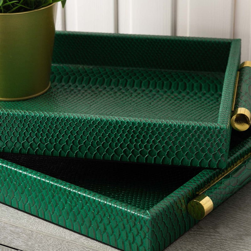 Set of 2 Snake Leather Green Tray Limited Edition - Reduced Price Last One collect or pay postage-Renaissance Design Studio