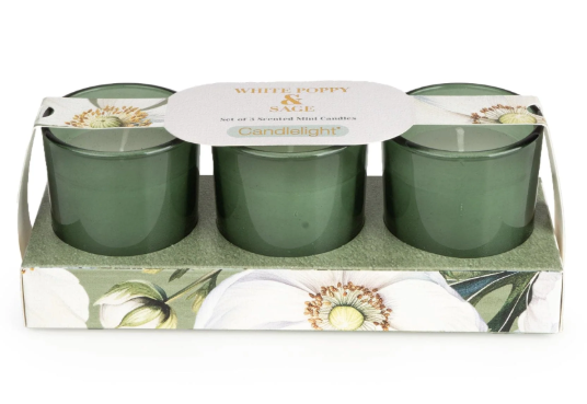 Set Of 3 Votive Candles - White Poppy & Sage