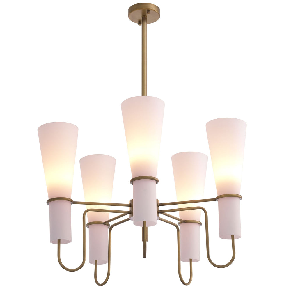 Sketch antique brass and white glass chandelier by Eichholtz