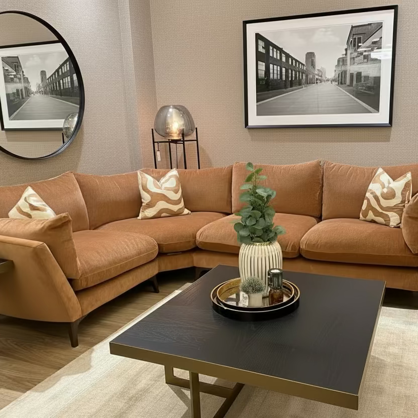 Sofa Elton by Whitemeadow featuring diagonal corner in Apricot One only ex showroom SAVE over 30%