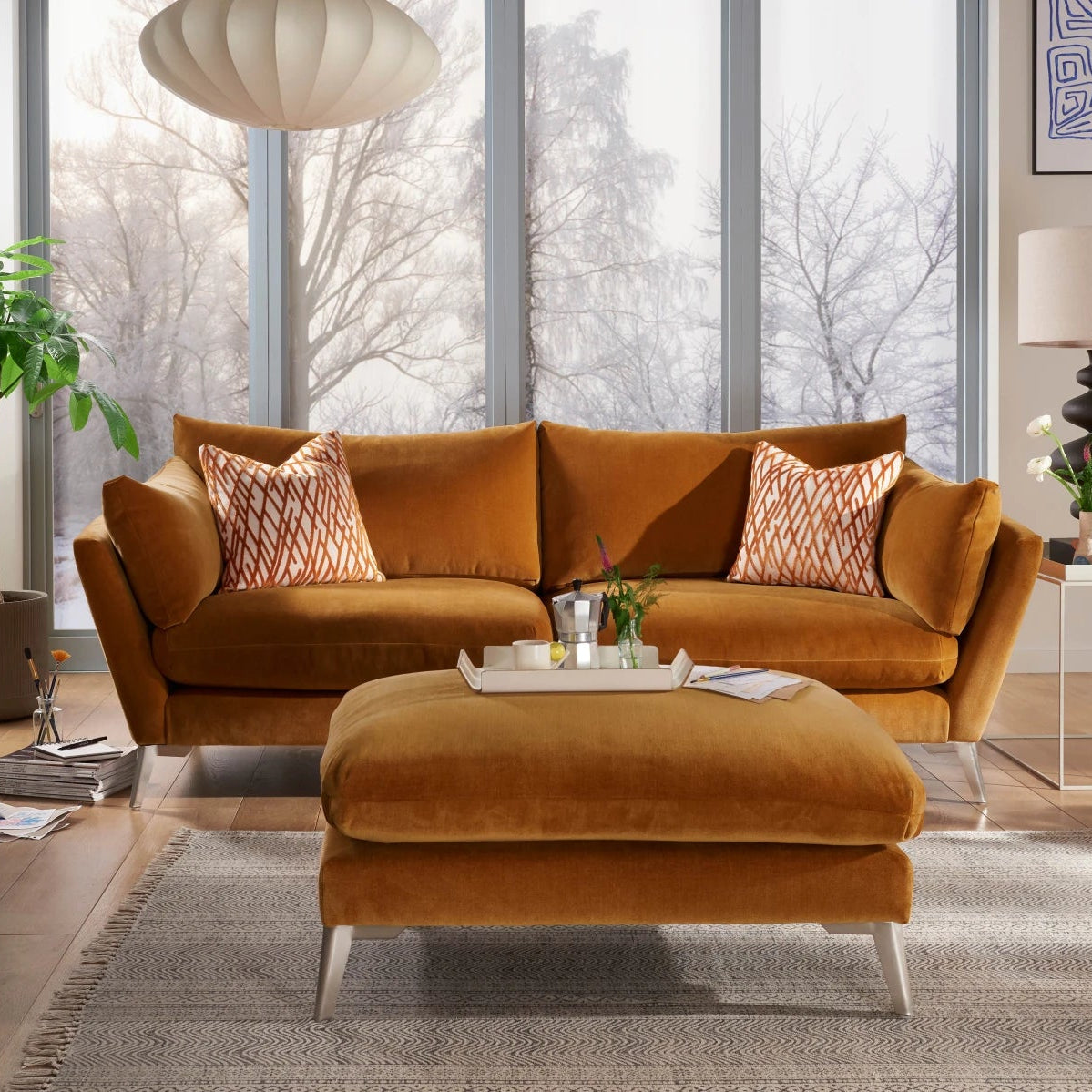 Sofa Elton by Whitemeadow featuring diagonal corner in Apricot One only ex showroom SAVE over 30%