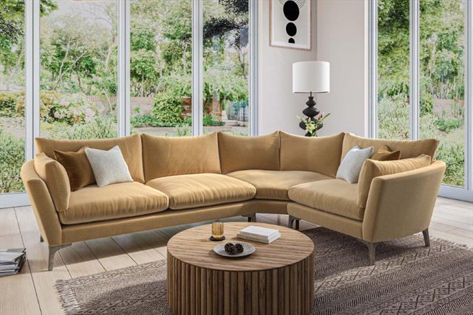 Sofa Elton by Whitemeadow featuring diagonal corner in Apricot One only SAVE 25%-Renaissance Design Studio