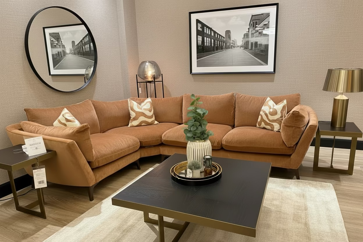 Sofa Elton by Whitemeadow featuring diagonal corner in Apricot One only SAVE 25%-Renaissance Design Studio