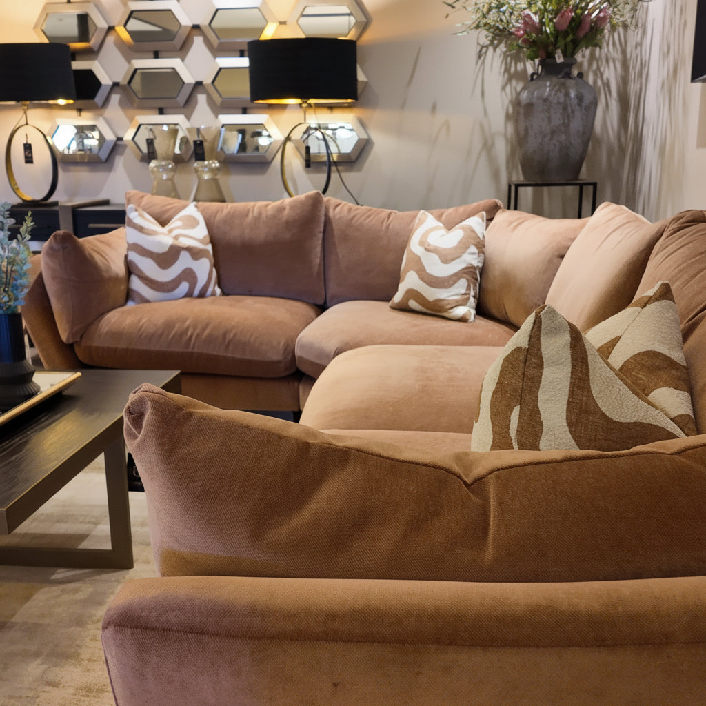 Sofa Elton by Whitemeadow featuring diagonal corner in Apricot One only ex showroom SAVE over 30%