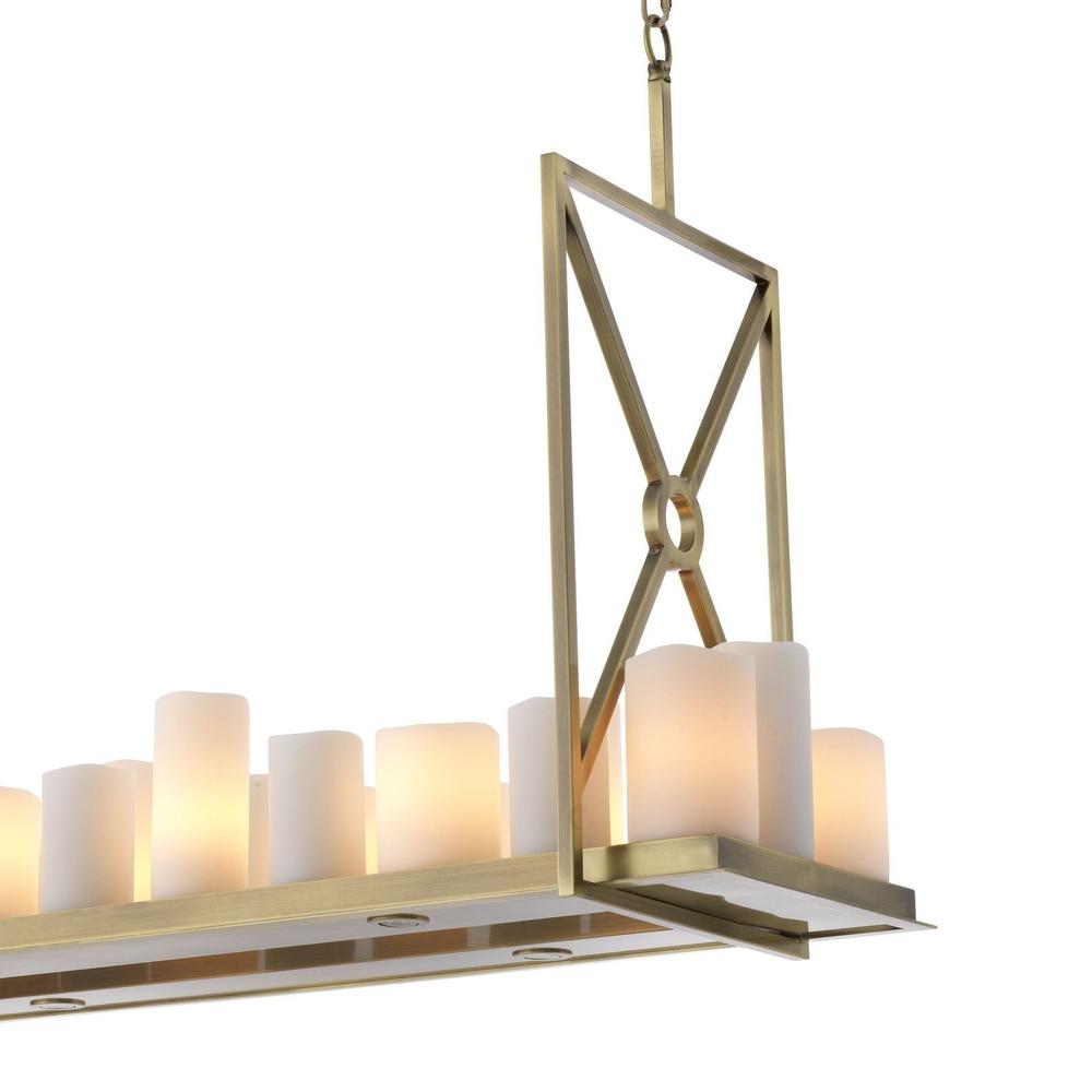 Eichholtz Summit brushed brass chandelier with clear glass and faux candle LED shades.